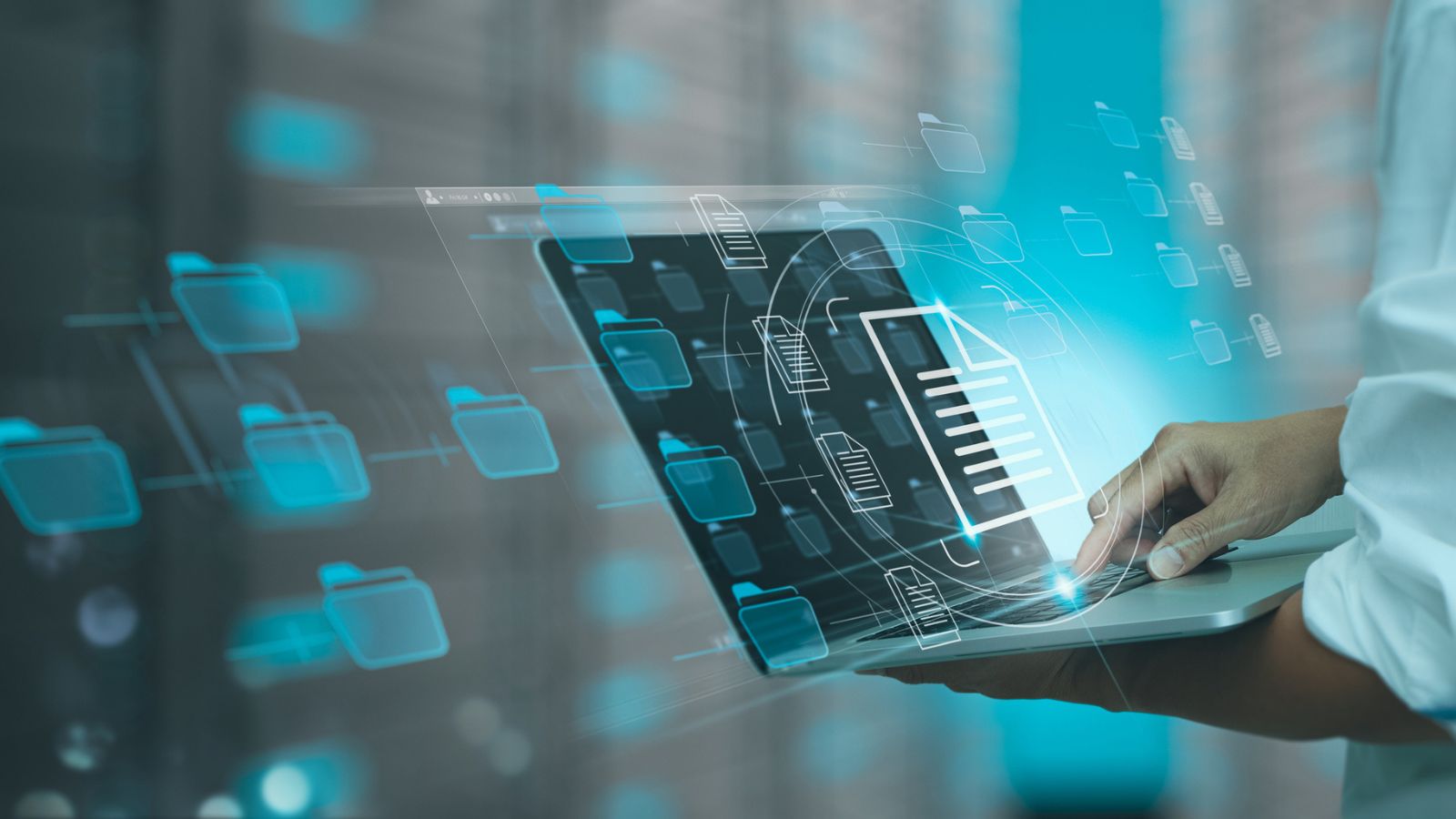 Business professional using a digital document management system, suggesting metadata-driven routing and workflow rules
